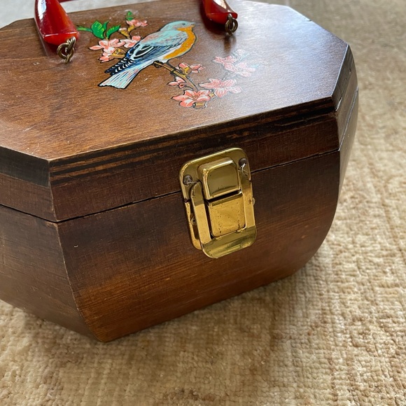 Hand Made Vintage Wooden Mini Bag with Red Handle - Picture 5 of 11